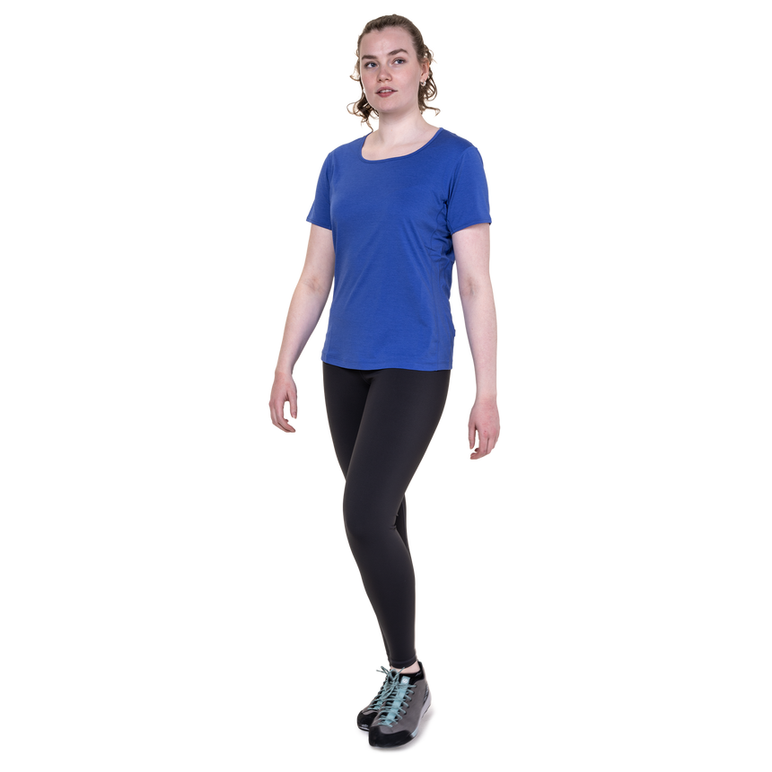 Mountain Equipment Tempi Women's Tee Outdoor Action Vivid Blue - Full Front View on Model