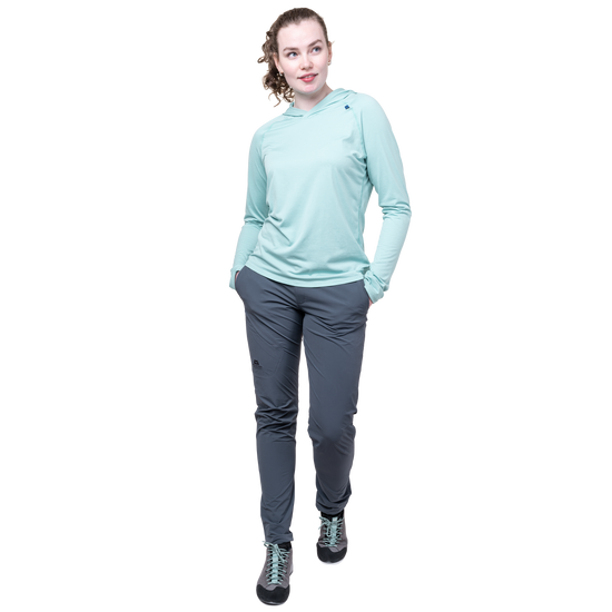 Mountain Equipment Comici Women's Pant Outdoor Action Ombre Blue - Full View on Model