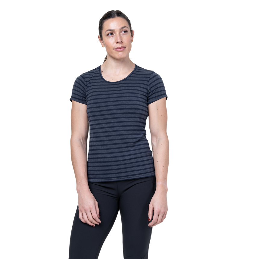 Mountain Equipment Groundup Stripe Women's Tee Outdoor Action Cosmos Stripe - Front View on Model