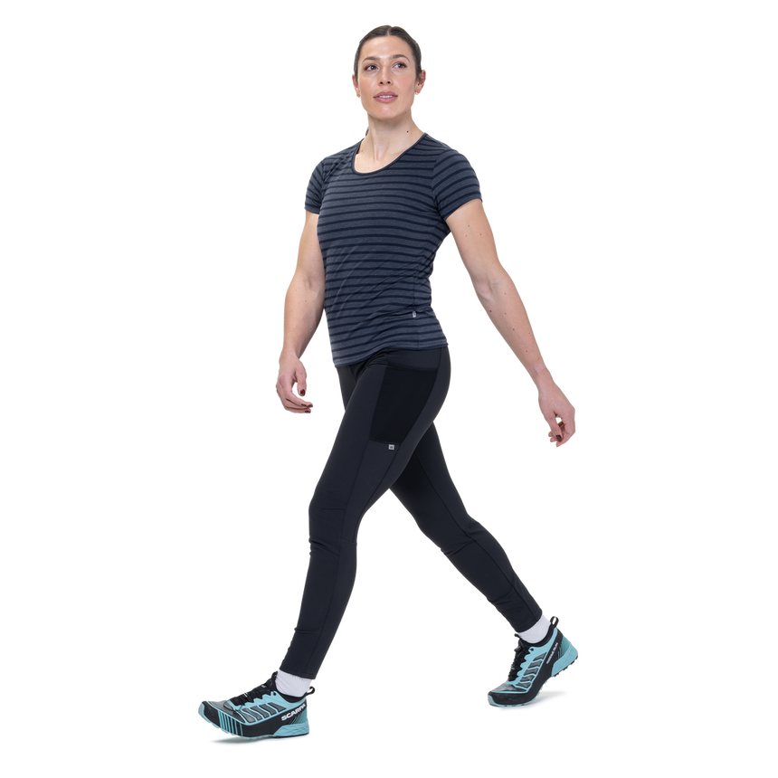 Mountain Equipment Groundup Stripe Women's Tee Outdoor Action Cosmos Stripe - Full View on Model