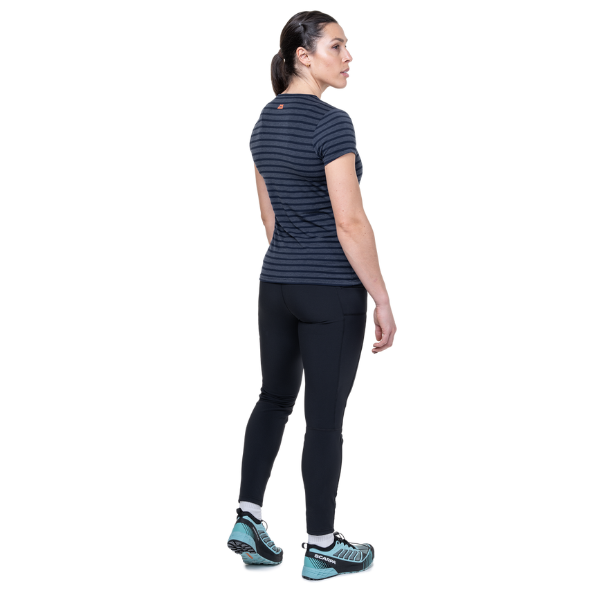 Mountain Equipment Groundup Stripe Women's Tee Outdoor Action Cosmos Stripe - Full View on Model