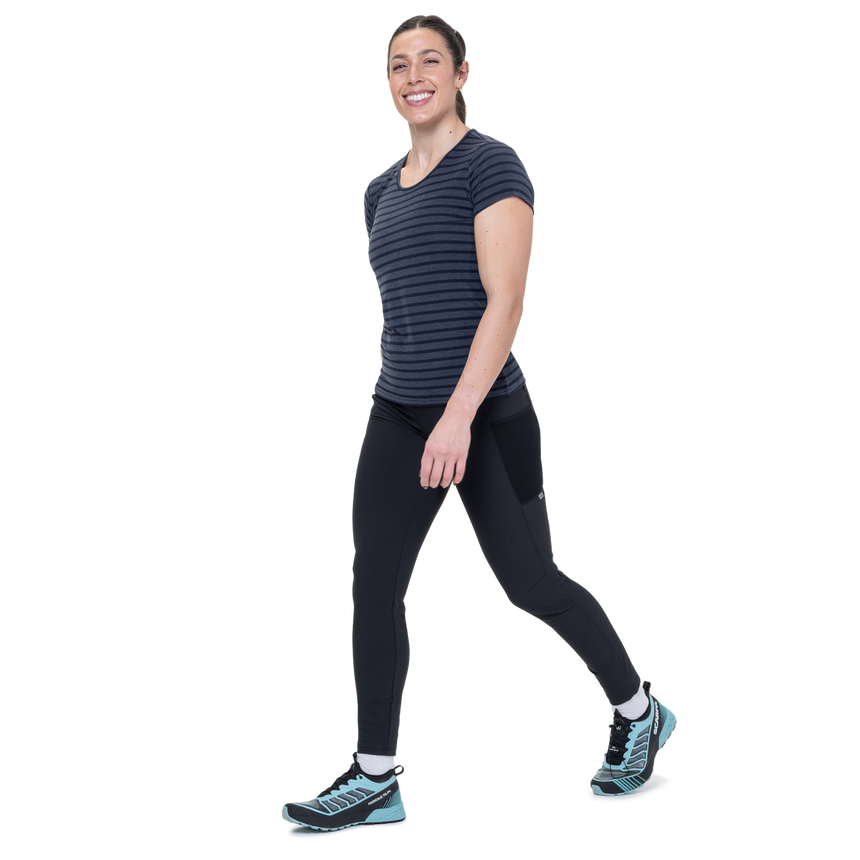 Mountain Equipment Groundup Stripe Women's Tee Outdoor Action Cosmos Stripe - Full View on Model