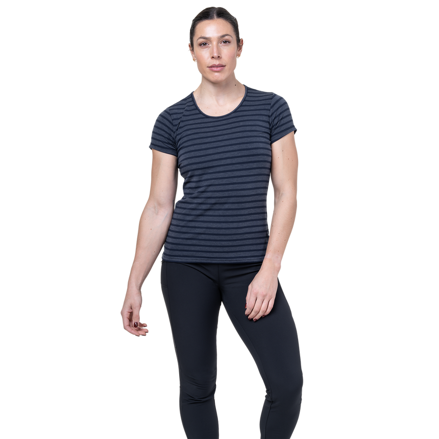 Mountain Equipment Groundup Stripe Women's Tee Outdoor Action Cosmos Stripe - Front View on Model