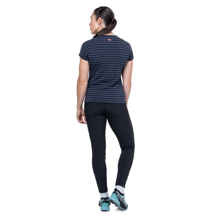 Mountain Equipment Groundup Stripe Women's Tee Outdoor Action Cosmos Stripe - Full View on Model