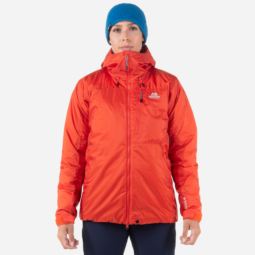 Mountain Equipment Alpamayo Women's Jacket Outdoor Action Magma - Front View Hood Lowered