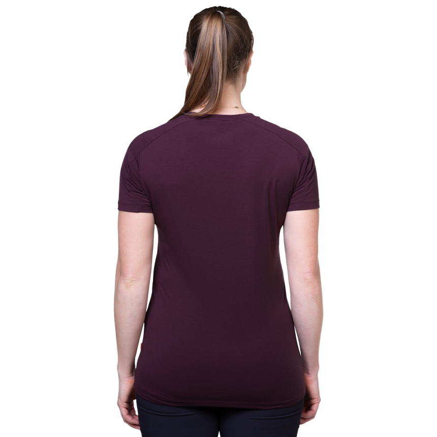 Mountain Equipment  Headpoint Women's Tee Outdoor Action Raisin - Back Fit on Model