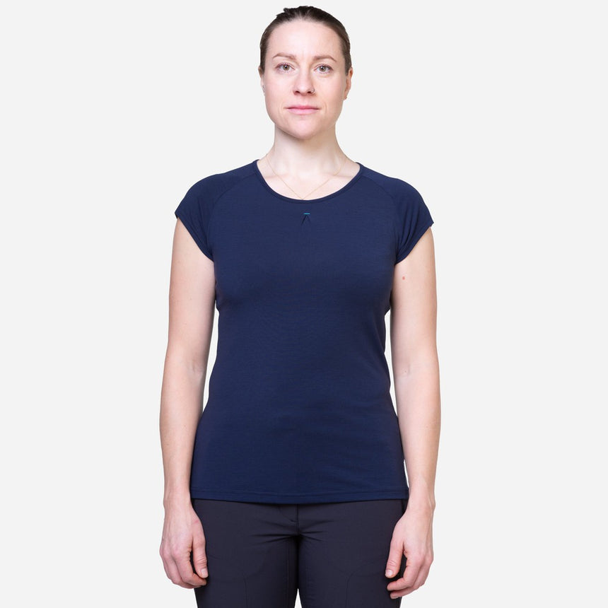 Mountain Equipment Equinox Women's Tee Outdoor Action Cosmos - Front on Model