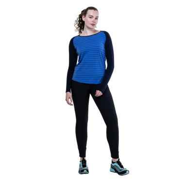 Mountain Equipment Redline LS Women's Tee Outdoor Action Vivid Stripe/Cosmos - Full View on Model