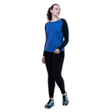 Mountain Equipment Redline LS Women's Tee Outdoor Action Vivid Stripe/Cosmos - Full View on Model