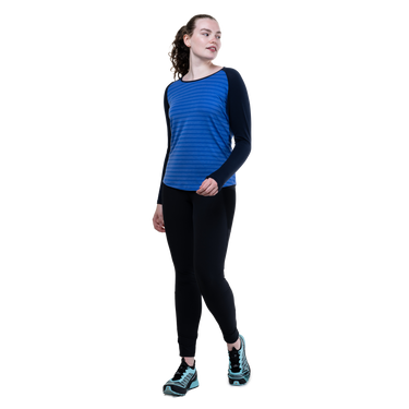 Mountain Equipment Redline LS Women's Tee Outdoor Action Vivid Stripe/Cosmos - Full View on Model