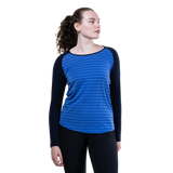 Mountain Equipment Redline LS Women's Tee Outdoor Action Vivid Stripe/Cosmos - Front View on Model