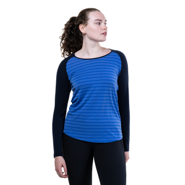 Mountain Equipment Redline LS Women's Tee Outdoor Action Vivid Stripe/Cosmos - Front View on Model