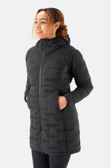 Rab Women's Cubit Stretch Down Parka Outdoor Action Ebony - Front Angled Fit on Model