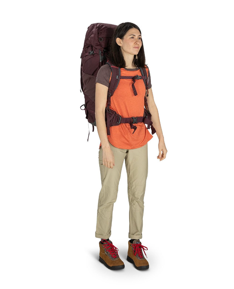 Osprey Kyte 68 Women's Backpack Outdoor Action Elderberry Purple - Front Fit on Model
