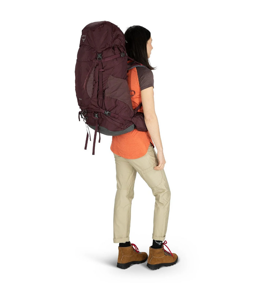 Osprey Kyte 68 Women's Backpack Outdoor Action Elderberry Purple -Back Fit Angled
