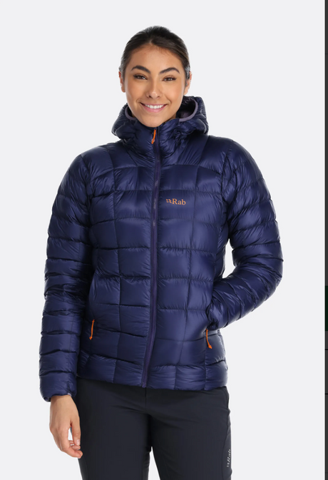 Rab Women's Mythic Alpine Down Jacket Outdoor Action Patriot Blue - Front Fit on Model