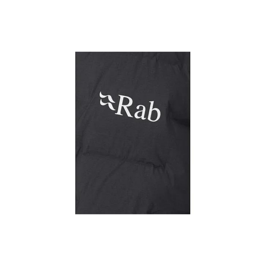 Rab Women's Cubit Stretch Down Parka Outdoor Action Ebony - Close-up on Logo