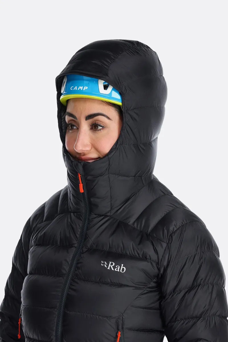 Rab Women's Electron Pro Down Jacket Outdoor Action Beluga - Helmet Compatible Hood