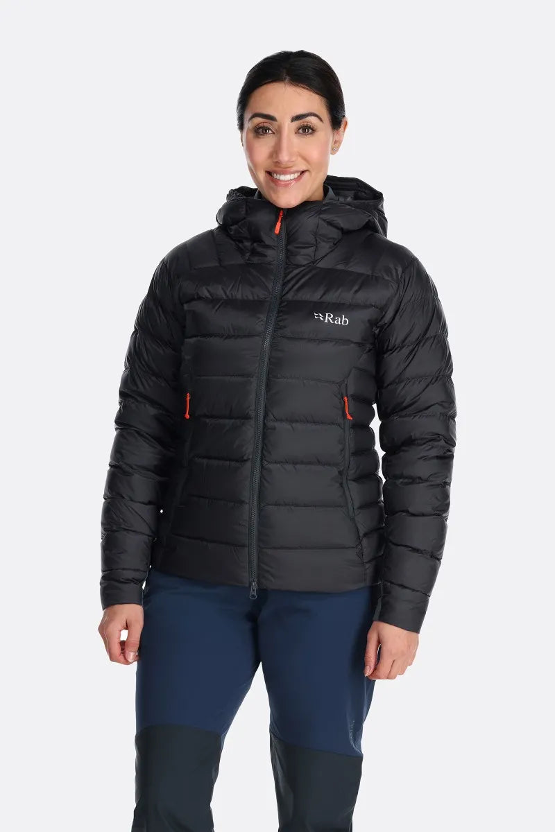 Rab Women's Electron Pro Down Jacket Outdoor Action Beluga - Front Fit on Model