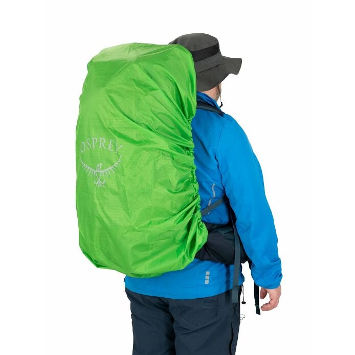 Osprey Volt 65 Extended Fit Backpack Outdoor Action Muted Space Blue
 - Worn with Rain Cover