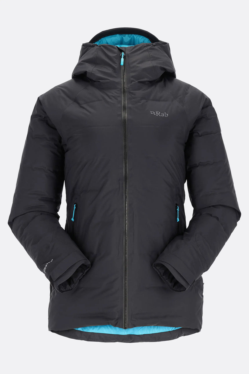 Rab Women's Valiance Waterproof Down Jacket Black (Aquamarine)- front