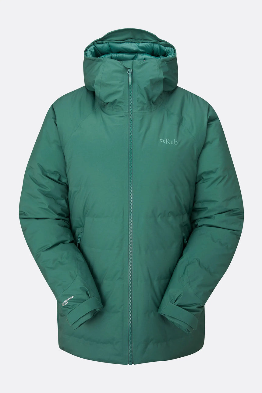 Rab Women's Valiance Waterproof Down Jacket Green Slate- front